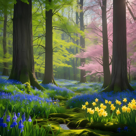 Beautiful spring forest with bluebells and daffodilsの素材
