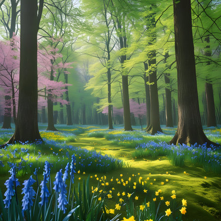 Beautiful spring forest with bluebells and yellow daffodilsの素材