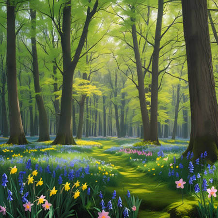Beautiful spring forest landscape with daffodils and crocusの素材