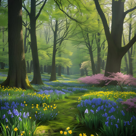 spring forest with bluebells and daffodils, spring landscapeの素材
