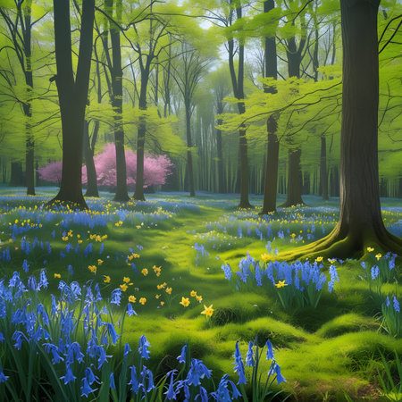 Beautiful spring forest with bluebells and daffodilsの素材