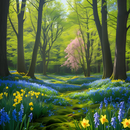 spring forest landscape with bluebells and yellow daffodilsの素材