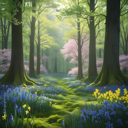 Spring landscape with blooming flowers in the forest.3d renderの素材