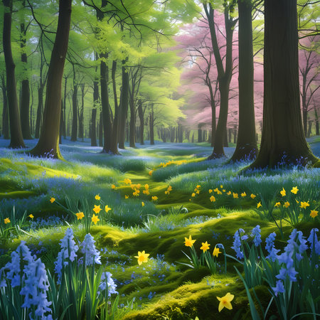 Beautiful spring forest landscape with bluebells and daffodilsの素材