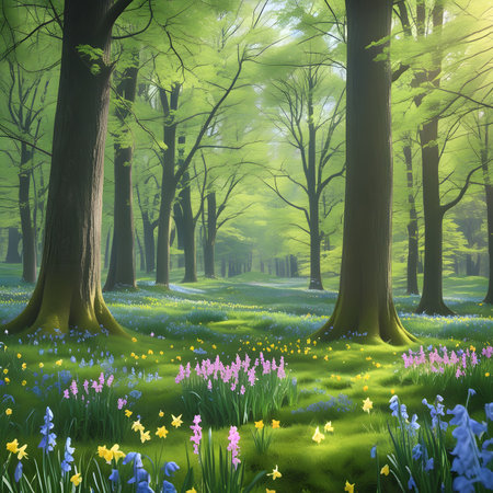 Spring landscape with meadow and spring flowers. 3d render.の素材