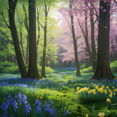 beautiful spring forest with bluebells and yellow daffodilsの素材