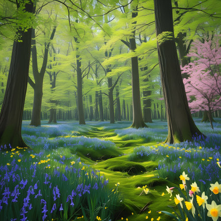 Beautiful spring forest landscape with bluebells and daffodilsの素材