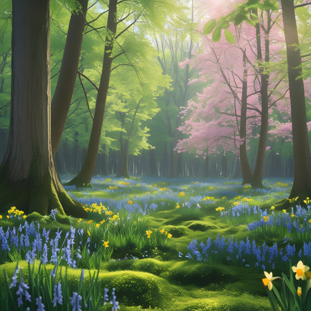 Beautiful spring forest with bluebells and daffodilsの素材