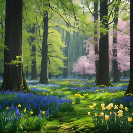 Beautiful spring forest with bluebells and daffodilsの素材