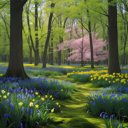 Beautiful spring forest with bluebells and yellow daffodilsの素材