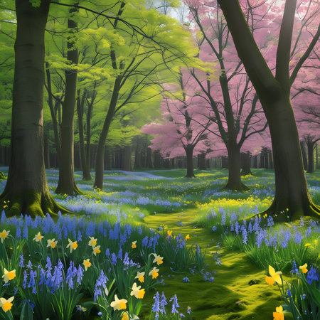Spring landscape with daffodils and bluebells in the forestの素材
