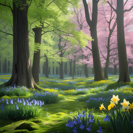 Spring forest with daffodils and bluebells. 3d renderの素材