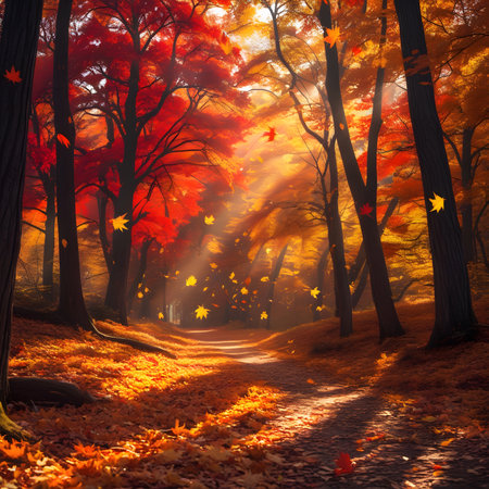 Beautiful autumn landscape with colorful forest. Sunset in the forest.の素材