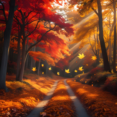 Autumn forest with path and fallen leaves - 3d render illustrationの素材