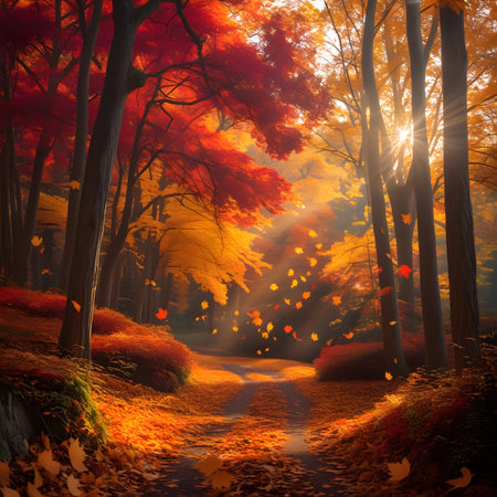 Beautiful autumn forest with path and sunbeams, nature backgroundの素材