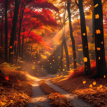 Autumn forest with fog and sunbeams. 3D renderingの素材