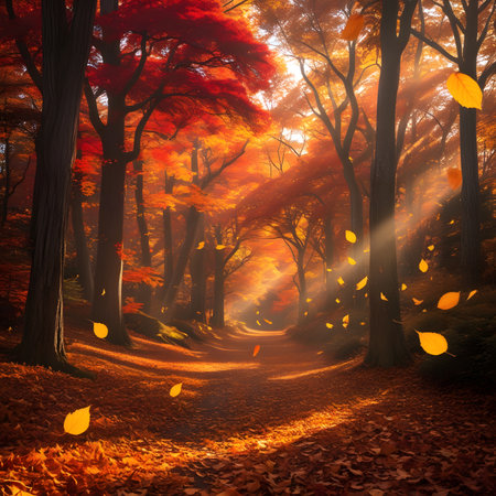 autumn forest with sunbeams and falling leaves, nature seriesの素材