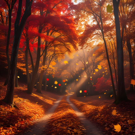 Autumn forest with a path and falling leaves, 3d renderの素材