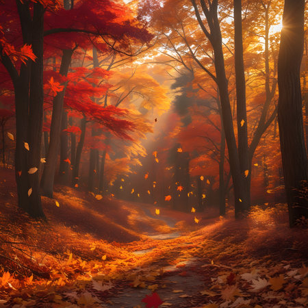 Autumn forest with sun rays and fog. 3d render.の素材