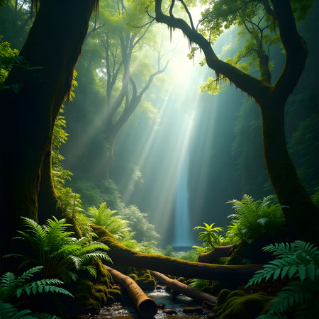 Beautiful waterfall in the forest with sunbeams and fog.の素材