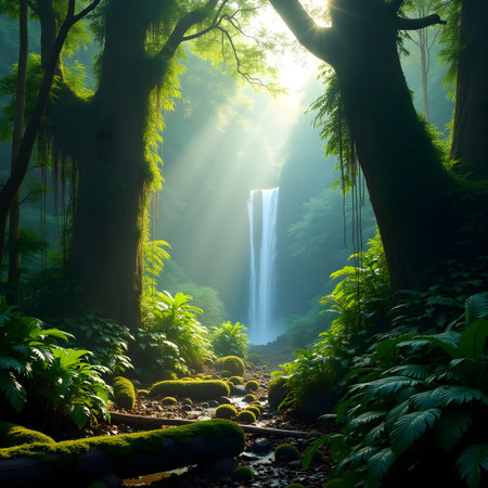 Beautiful waterfall in the rainforest with morning sunlight shining through the treesの素材