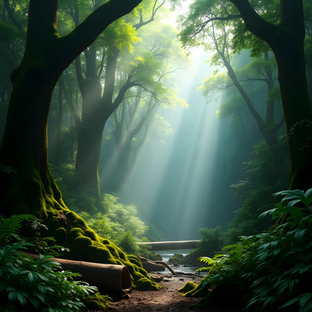 Beautiful summer forest in the morning with sunbeams and fogの素材