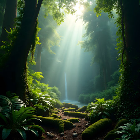Beautiful tropical rainforest with sunbeams shining through the treesの素材