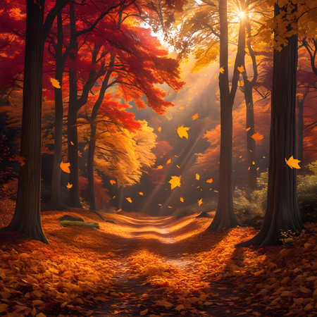 Autumn forest with sunbeams and fog. 3d renderの素材