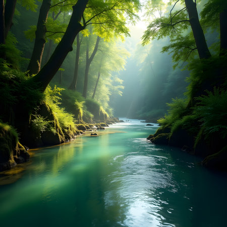 beautiful summer landscape with forest river and green trees in the morningの素材