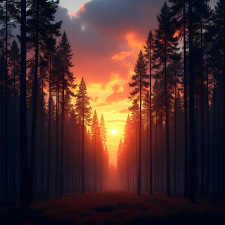 Foggy forest at sunset. 3D illustration. Nature backgroundの素材