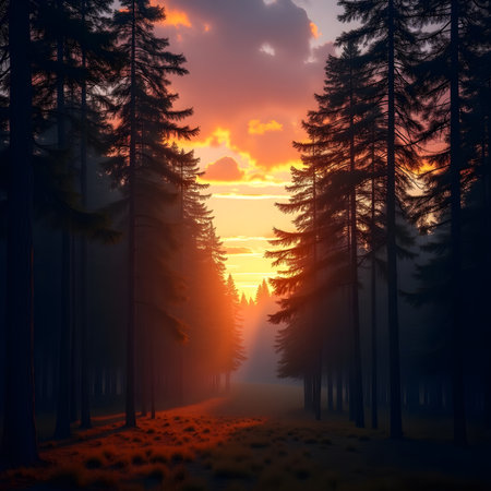 Sunset in the forest. 3d rendering. Computer digital drawing.の素材