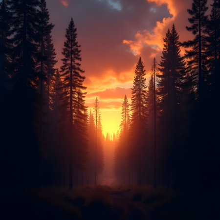 Foggy forest at sunset, 3d rendering. Computer digital drawing.の素材