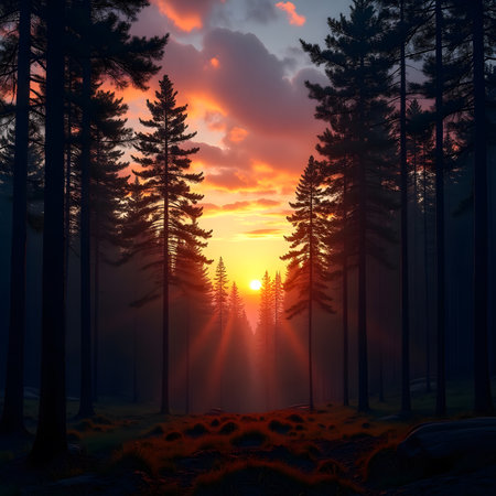 Sunset in a pine forest. 3D illustration. Nature backgroundの素材