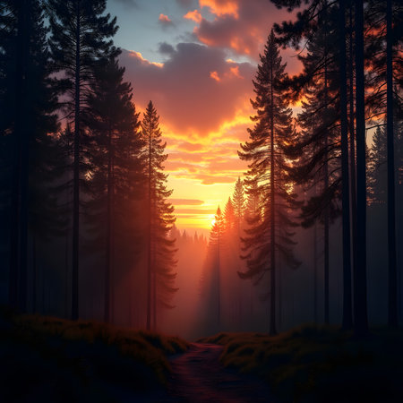 Foggy forest at sunset. 3D rendering. Computer digital drawing.の素材