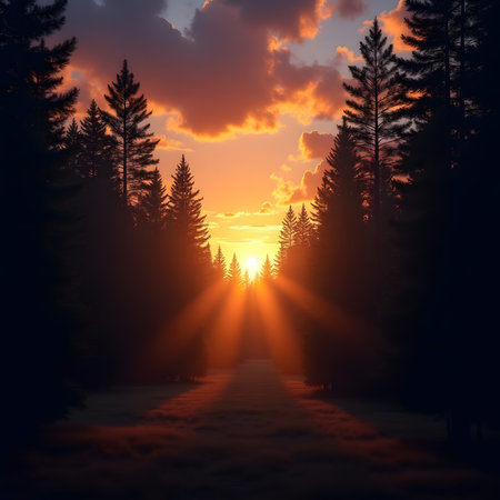 Sunset in the forest. 3D illustration. Nature background.の素材