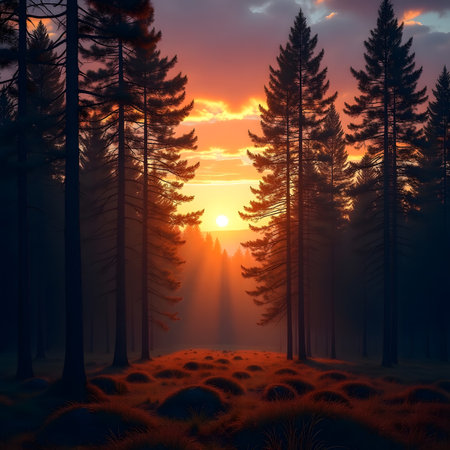 Fantasy landscape. Sunrise in the forest. 3D illustration.の素材