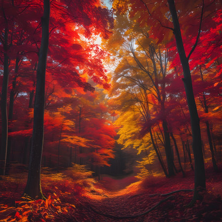 Autumn forest with red leaves in the fog. 3d renderの素材