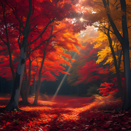 Autumn forest with sunbeams and falling leaves, 3d renderの素材