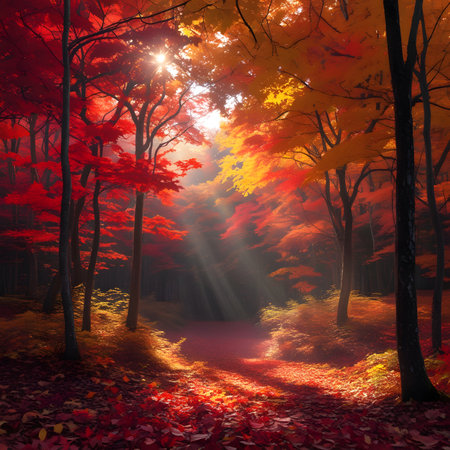Autumn forest with sunbeams and falling leaves. 3d renderの素材