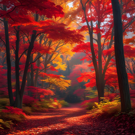 Autumn forest with path and red leaves - 3d render illustrationの素材
