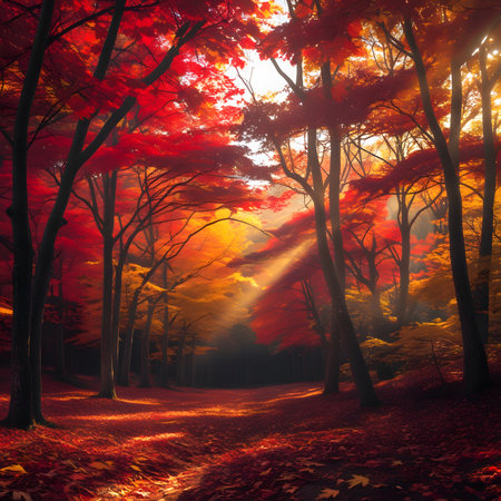 Autumn forest with sun beam in the morning, 3d renderの素材