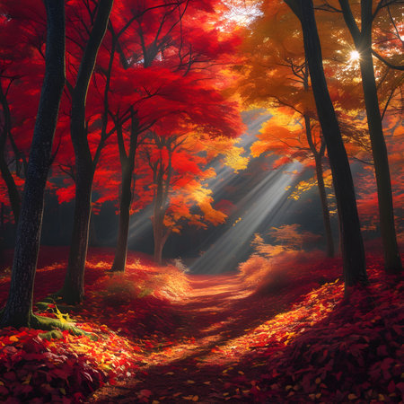 Autumn forest with a path leading to the sun, 3d renderの素材