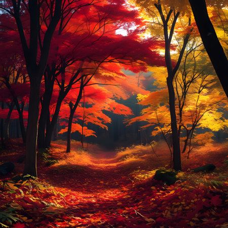 Autumn forest with red and orange leaves, 3d render.の素材
