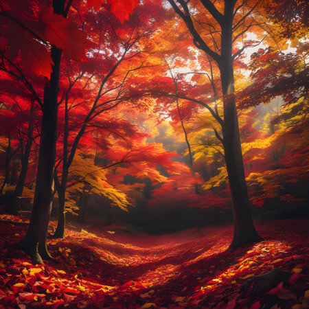 Autumn forest with red leaves on the ground. 3d renderの素材