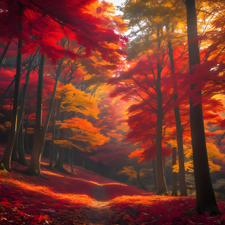 Beautiful autumn forest landscape with red and orange trees and sun raysの素材
