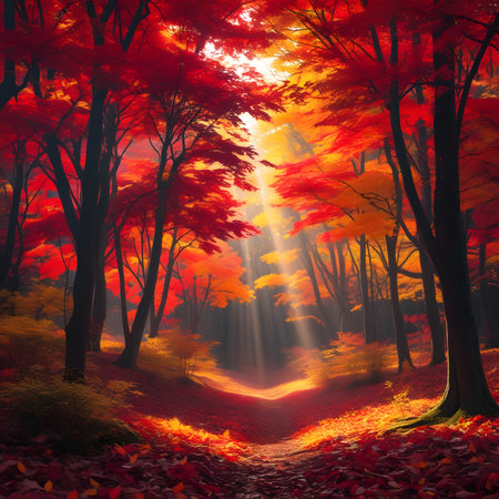 Autumn forest with sunbeams and fog. 3D renderingの素材