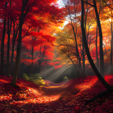 Autumn forest with path and sunbeams, 3d renderの素材