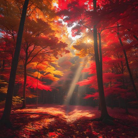 Autumn forest with sunbeams in the fog. 3d renderの素材