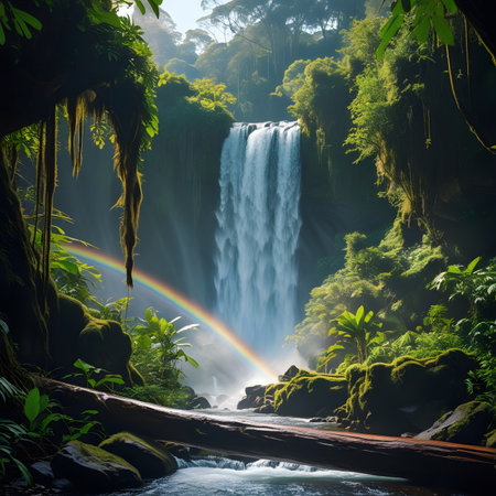 Tropical waterfall with rainbow in rainforest, Bali, Indonesiaの素材