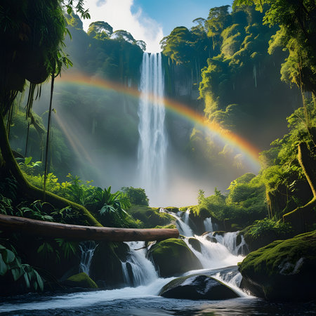 Beautiful waterfall in the rainforest with rainbow in the sky.の素材